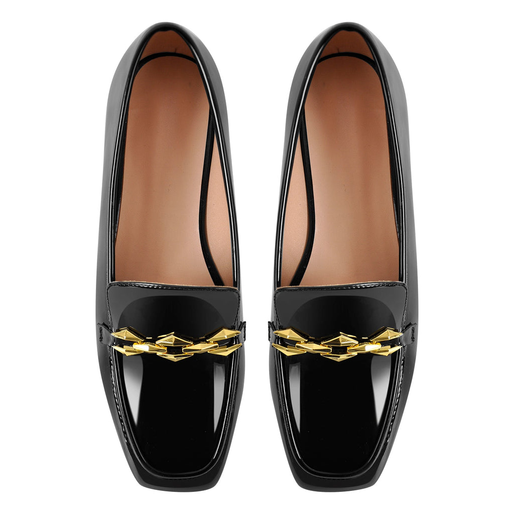 Square Toe Metal Chain Patent Leather Loafer Flats