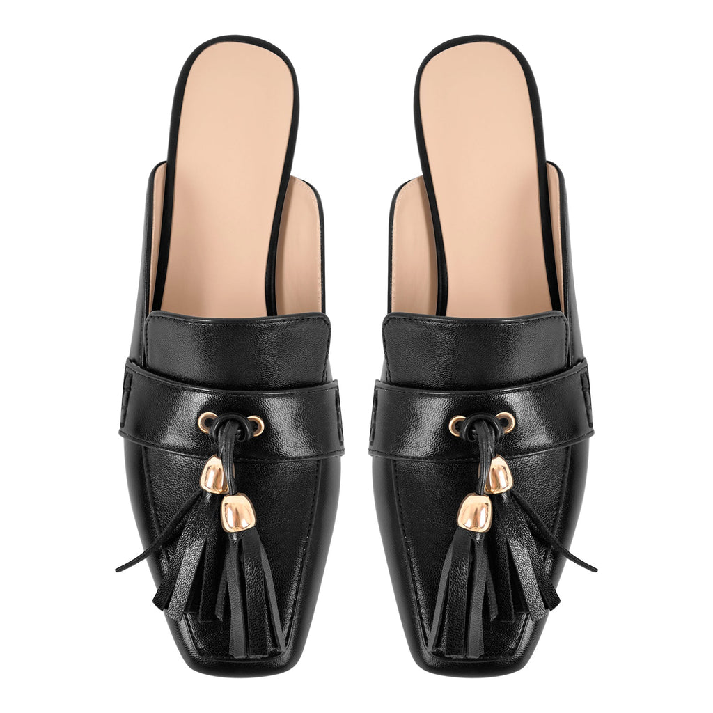 Square Toe Fringe Chunky Heel Mules