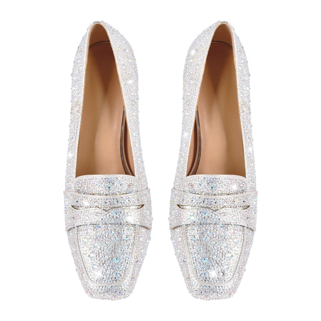 Silver Rhinestone Square Toe Chunky Heel Pumps