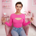 Sissy Boy's Fantasy: Hot Pink Cutout Long-Sleeve Top - Unleash Your Girly Glow!