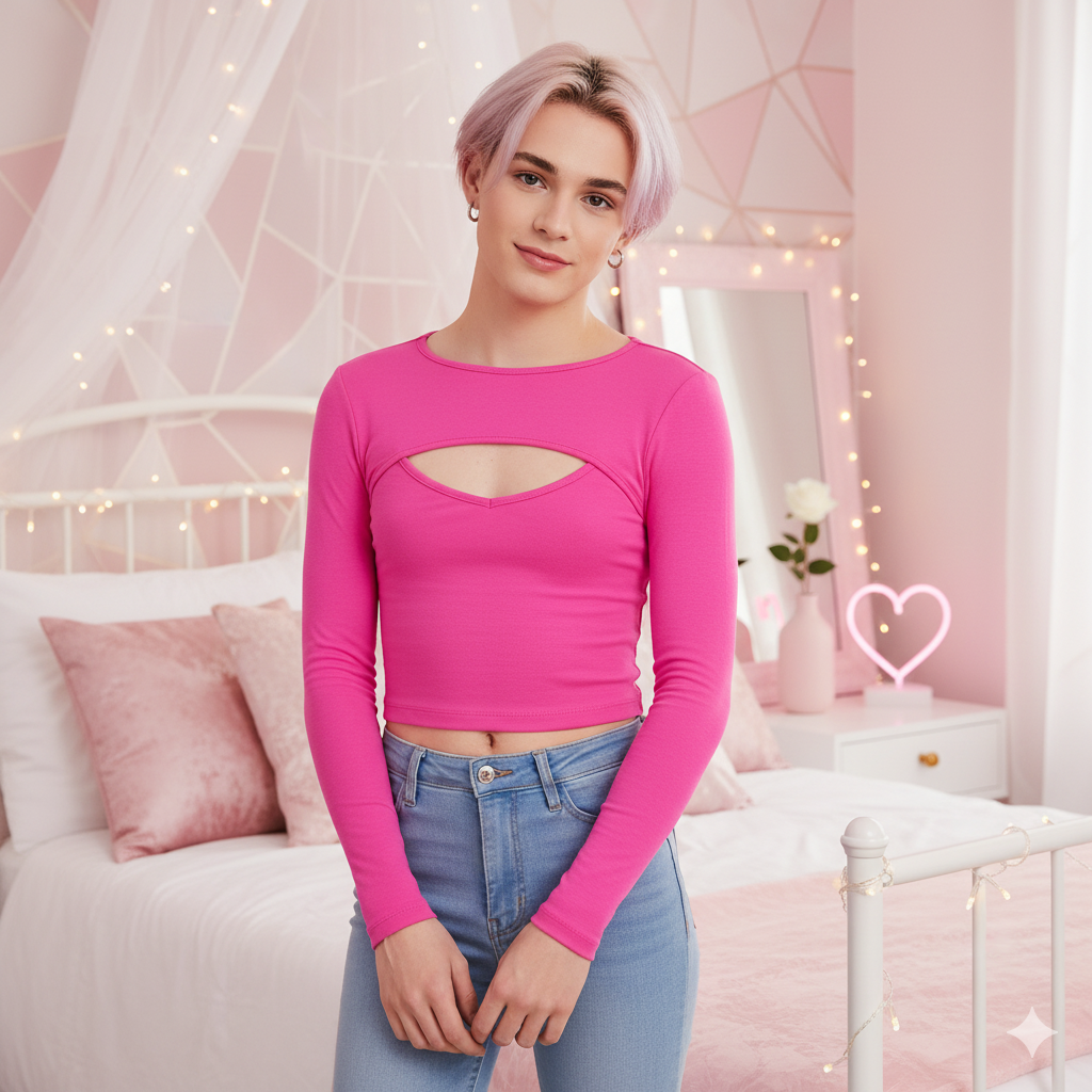 Sissy Boy's Fantasy: Hot Pink Cutout Long-Sleeve Top - Unleash Your Girly Glow!