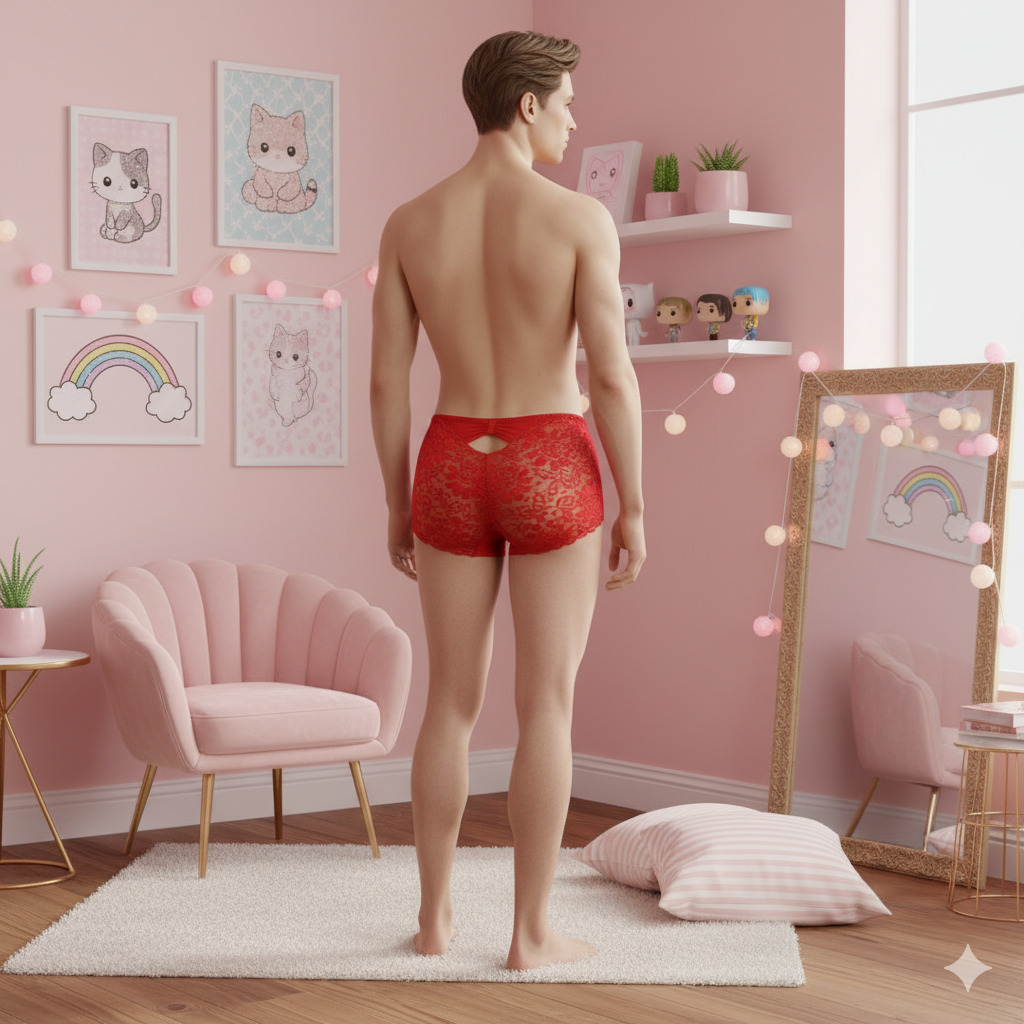 "Amateur Sissy" Ultra-Girly Lace Open-Crotch Panties with Pretty Penis Sleeve 💕🔓