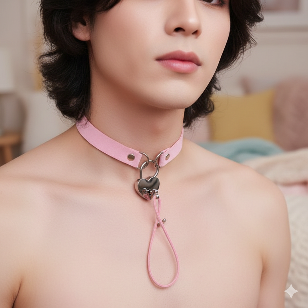 Sissy Heart Lock Choker – Pink Obedience Fantasy Collar