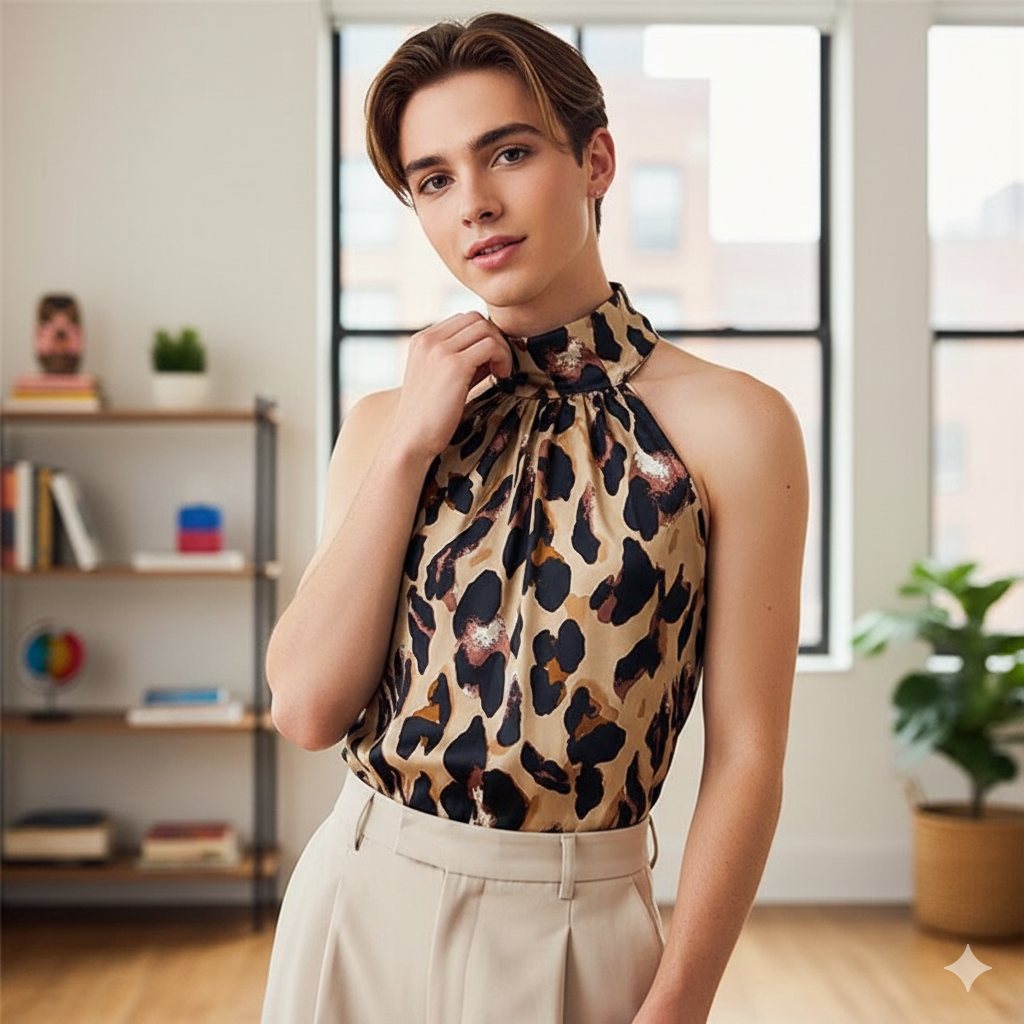 Sissy Secretary Leopard Print Halter Top - Embrace Your Feminine Side and Turn Heads at the Office!