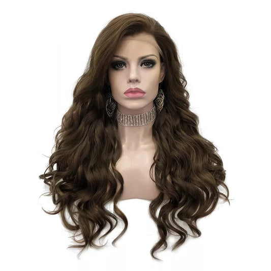 Sissy Lux Elegance: Brown Deep Wave Synthetic Lace Front Wig - 24 Inches of Feminine Grace