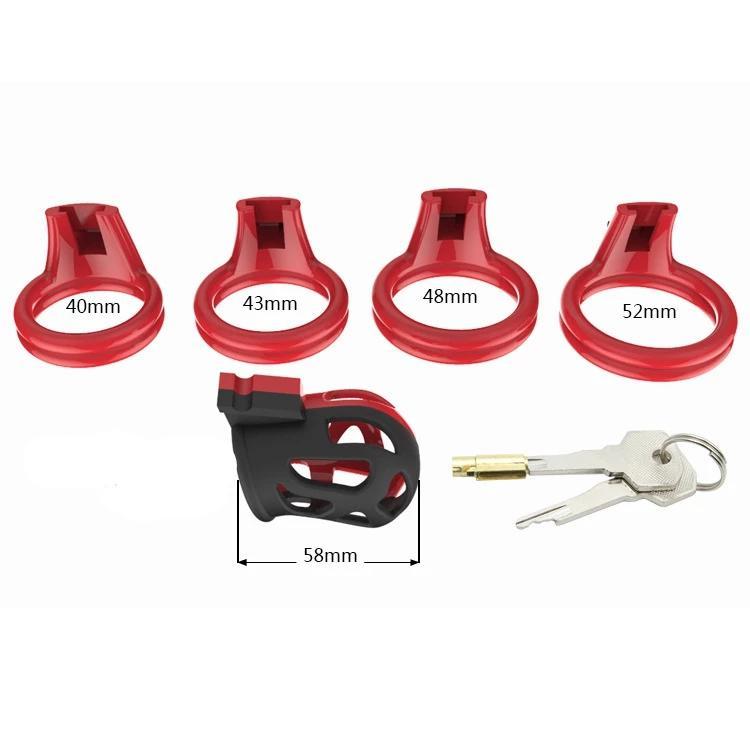 Red & Black Silicone Male Chastity Cage Set – 4 Adjustable Rings, Padlock, and Keys