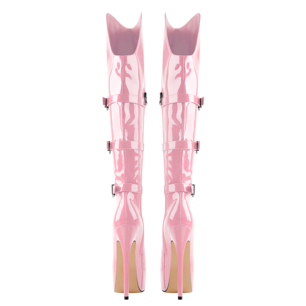 Round Toe Platform Over The Knee Rose Red Boots