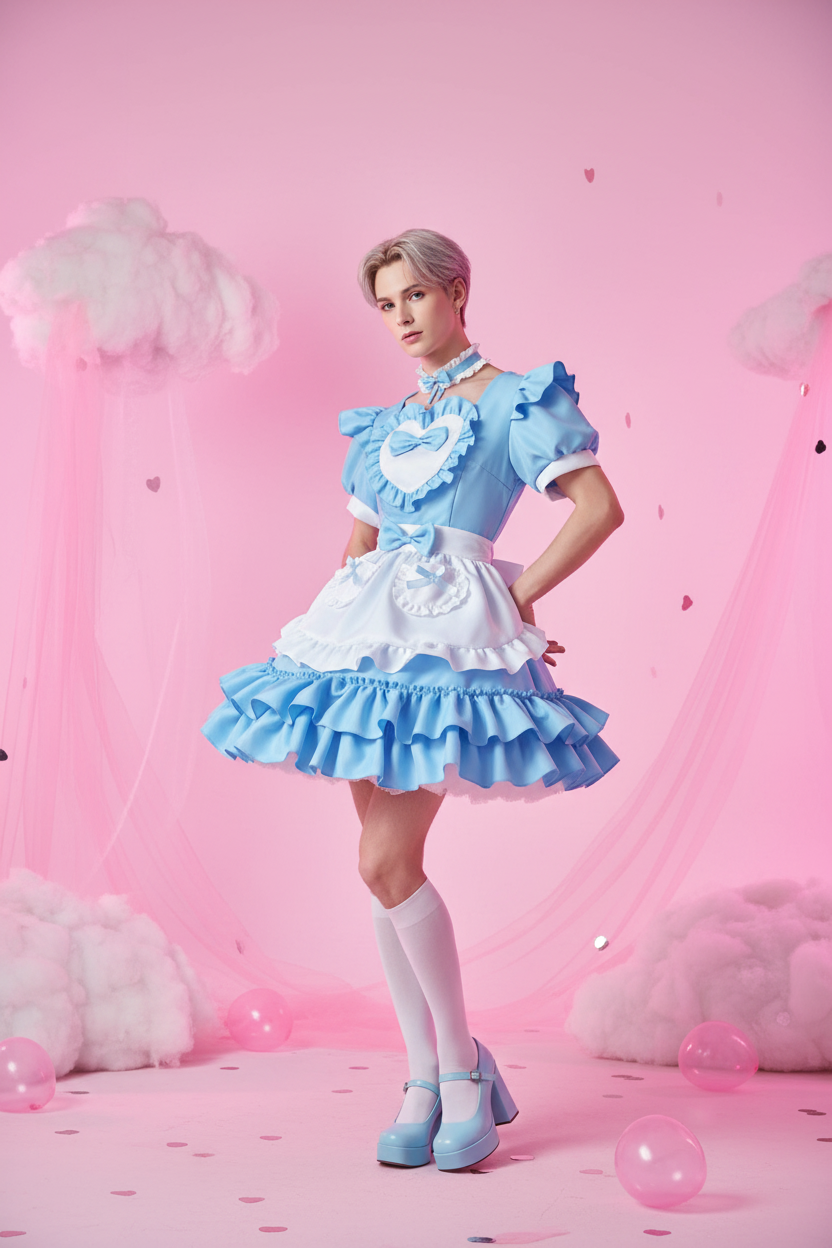 Androgynous model wearing blue dress in pink setting