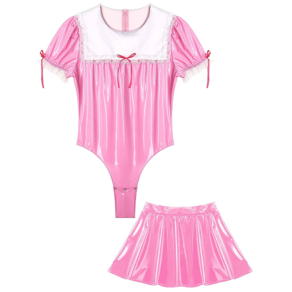 🌸 Step into Glamour: Cute Faux Leather Bodysuit & Skirt Set - Sissylux's Flirty Ensemble for Divine Femininity! 💕