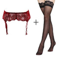 Red Lace Floral Garter Belt w/ Black Stockings Set