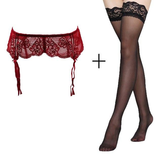 Red Lace Floral Garter Belt w/ Black Stockings Set