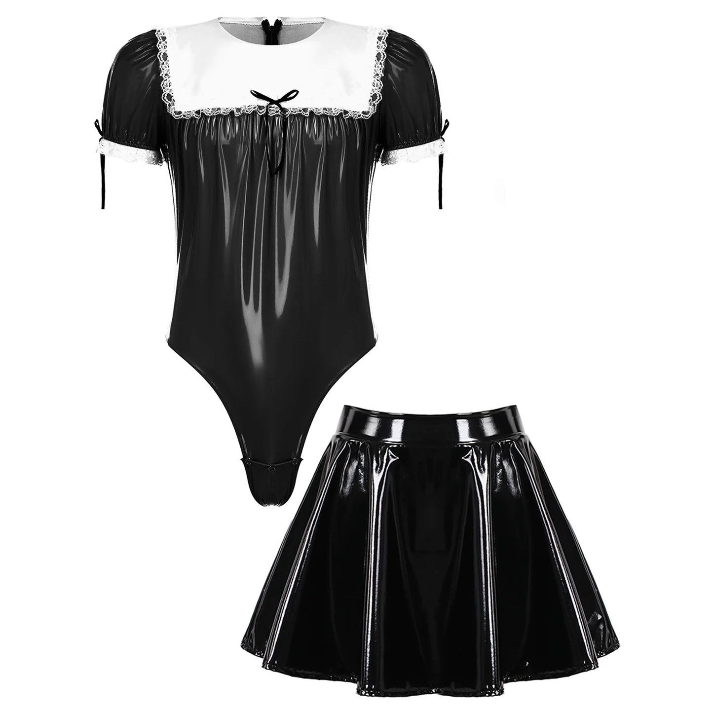 🌸 Step into Glamour: Cute Faux Leather Bodysuit & Skirt Set - Sissylux's Flirty Ensemble for Divine Femininity! 💕