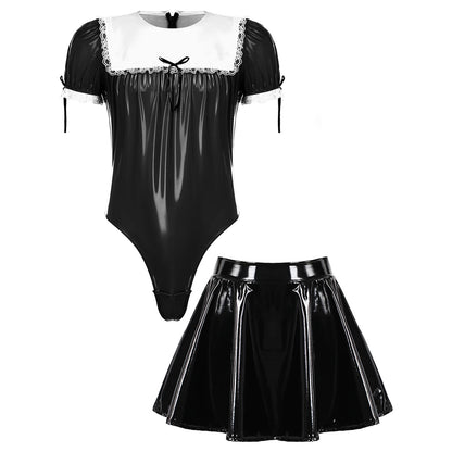 🌸 Step into Glamour: Cute Faux Leather Bodysuit & Skirt Set - Sissylux's Flirty Ensemble for Divine Femininity! 💕