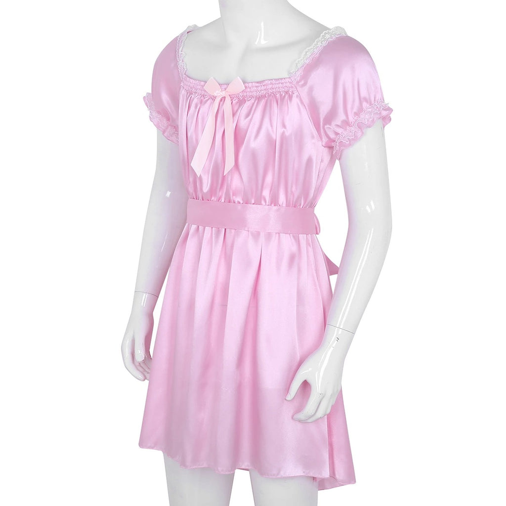 Short Sleeve Satin Sissy Dress - Sissy Lux