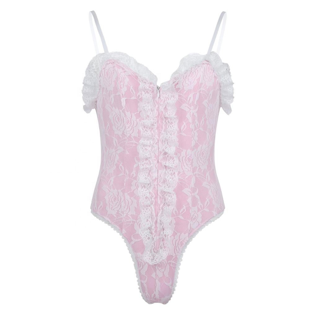 High Cut Ruffle Lace Bodysuit - Sissy Lux