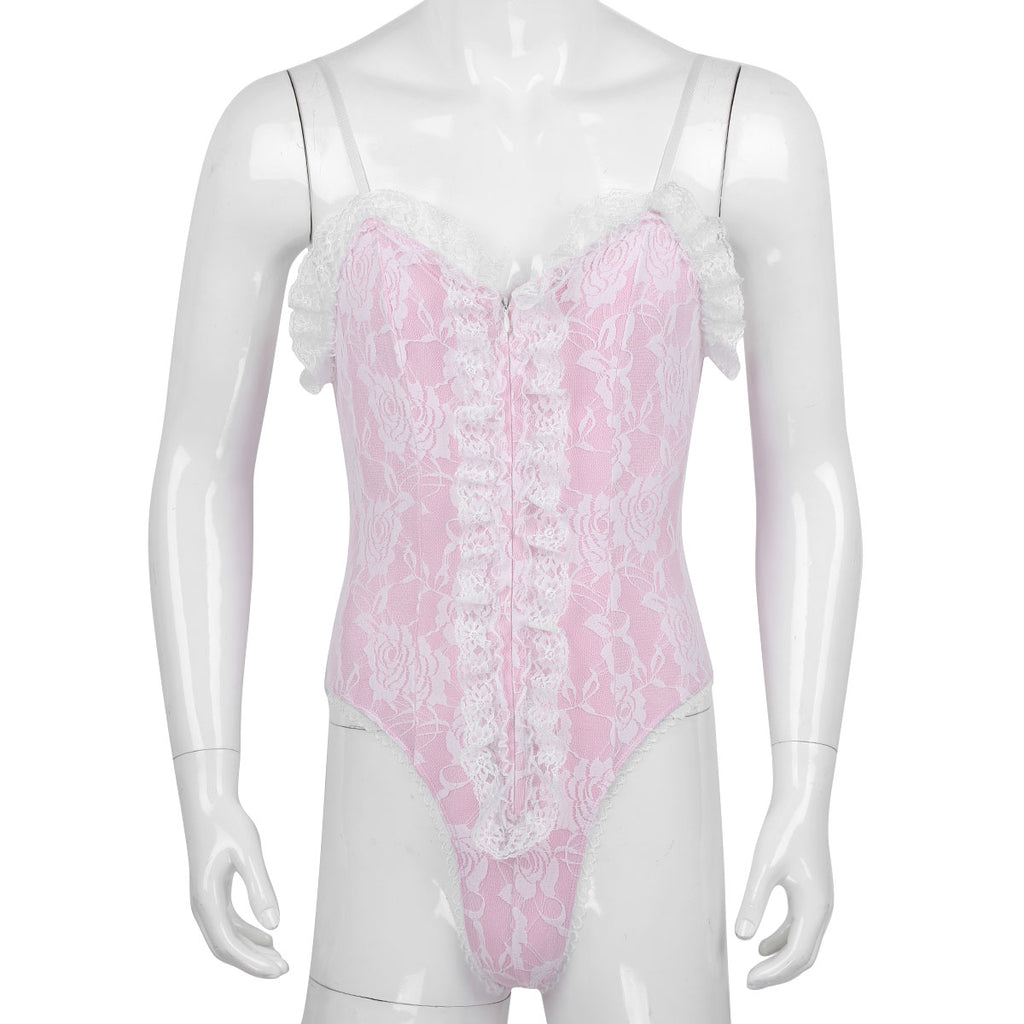 High Cut Ruffle Lace Bodysuit - Sissy Lux