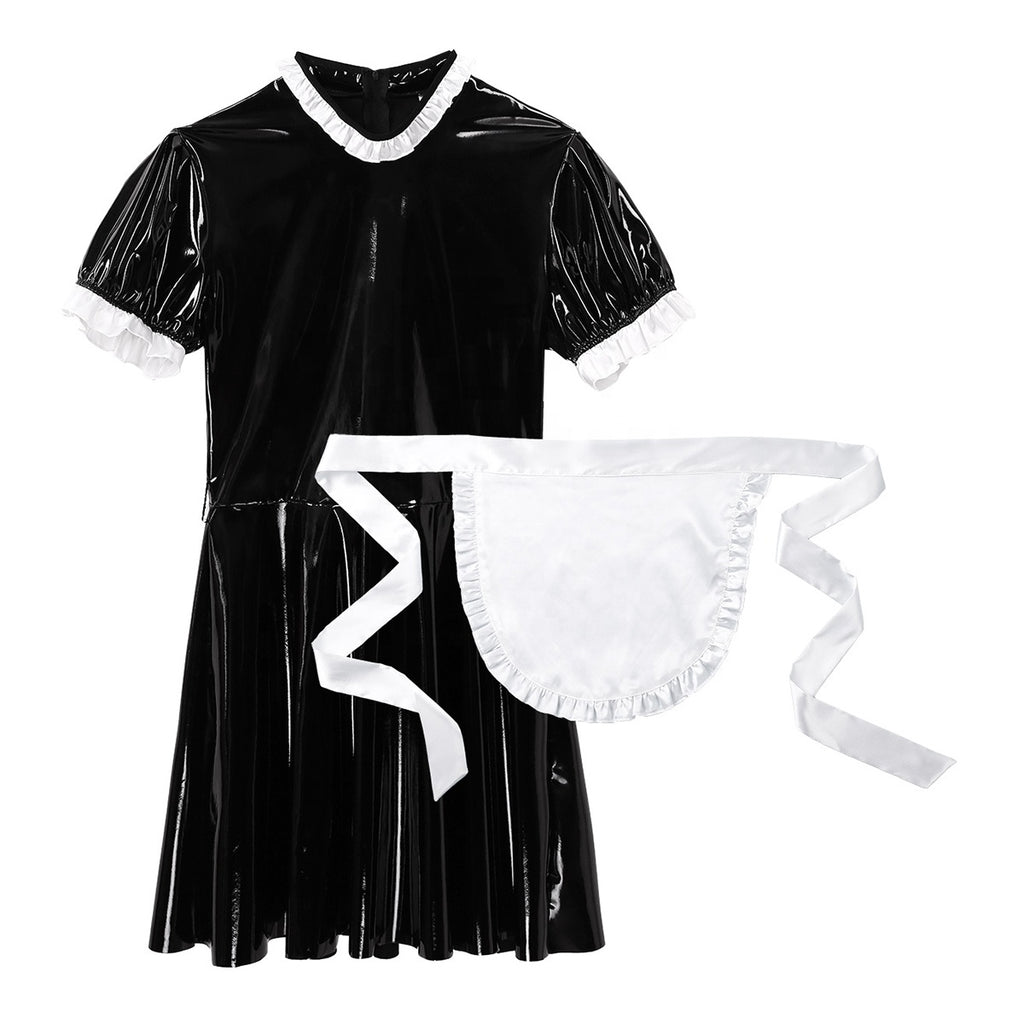 Faux Leather Puff Sleeve Maid Dress - Sissy Lux