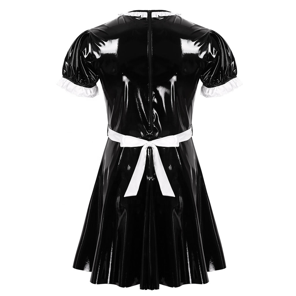 Faux Leather Puff Sleeve Maid Dress - Sissy Lux