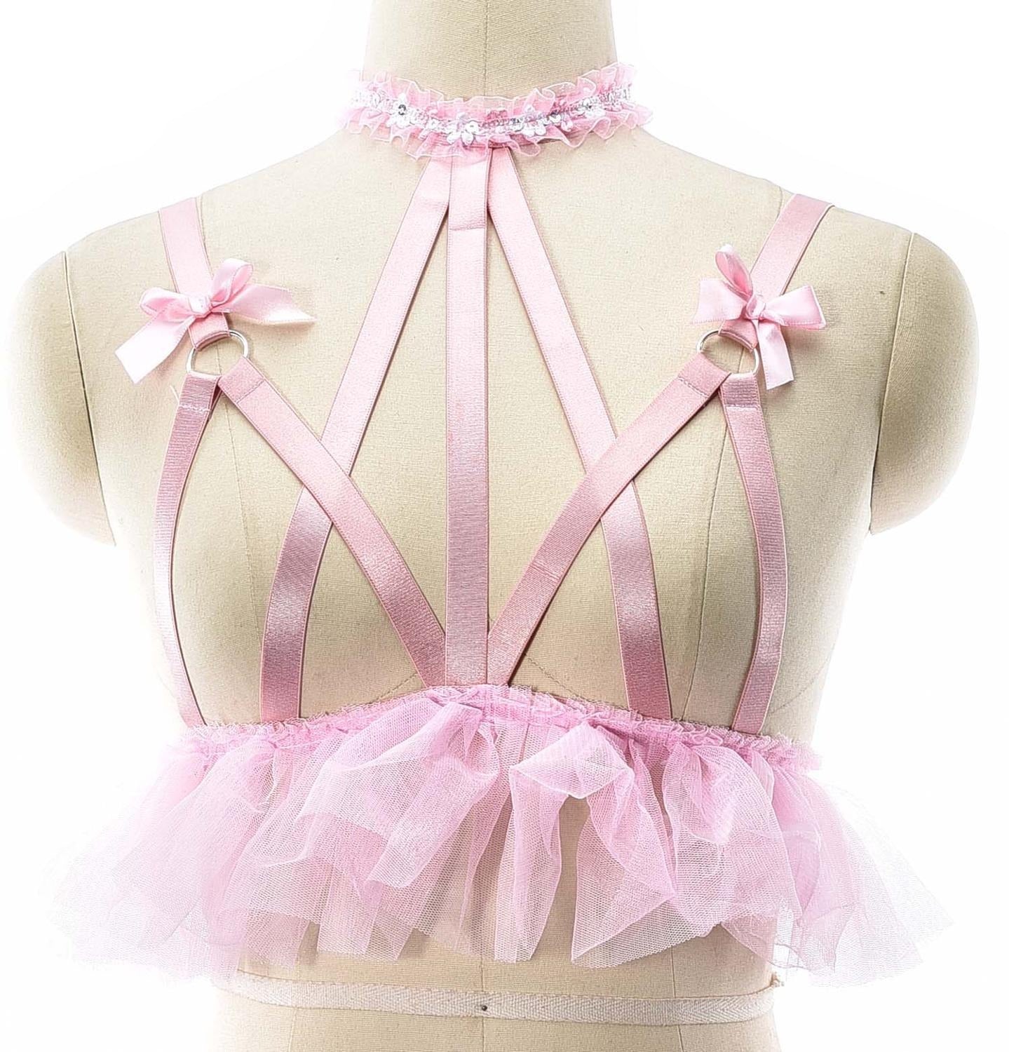 Pink Ruffles & Bows Sissy Harness Bra - Sissy Lux