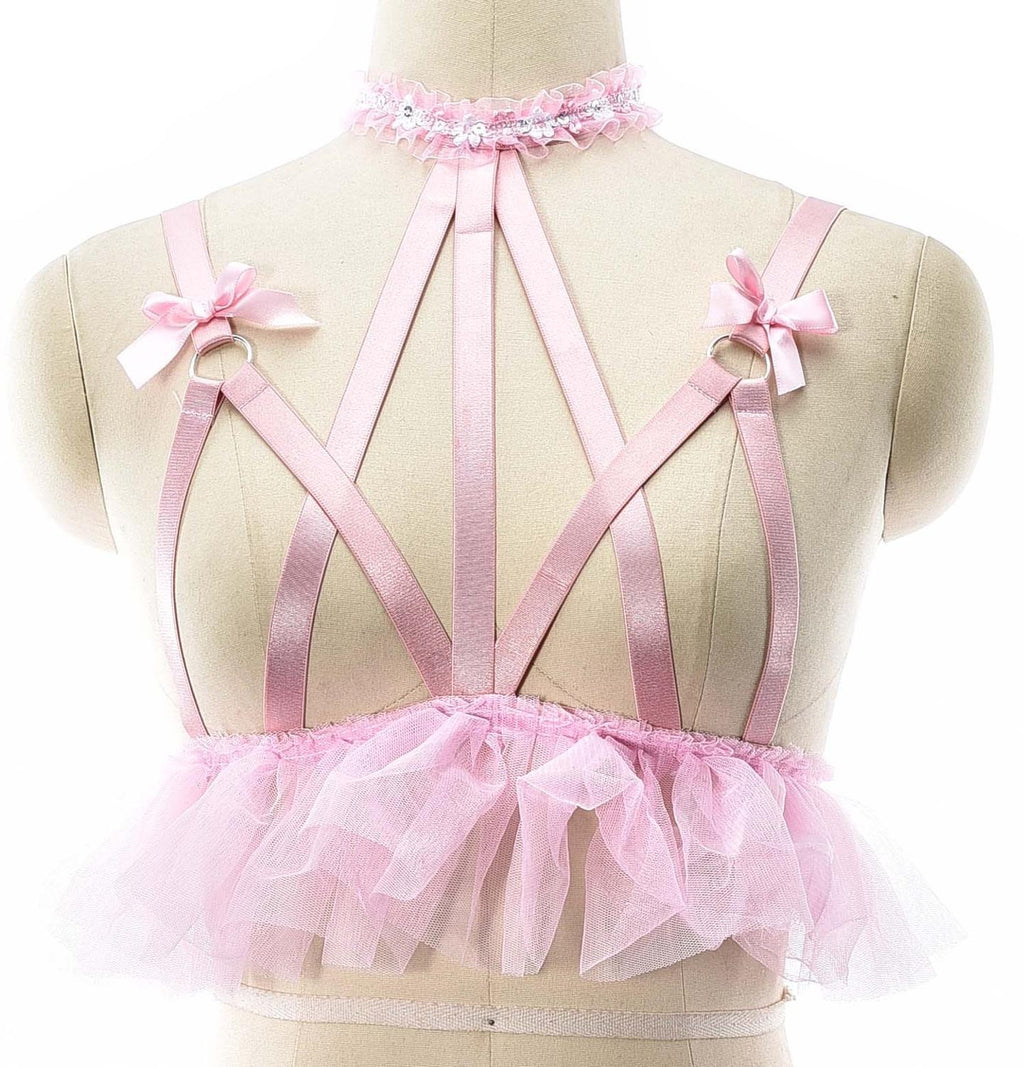 Pink Ruffles & Bows Sissy Harness Bra - Sissy Lux