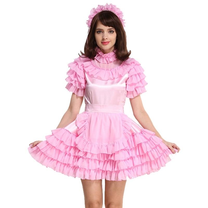 Pink Frilly Satin Maid Dress - Sissy Lux