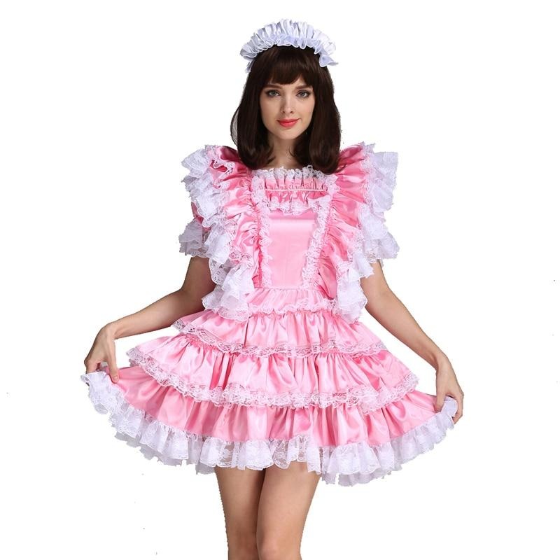 Lockable Pink Satin Maid Dress - Sissy Lux