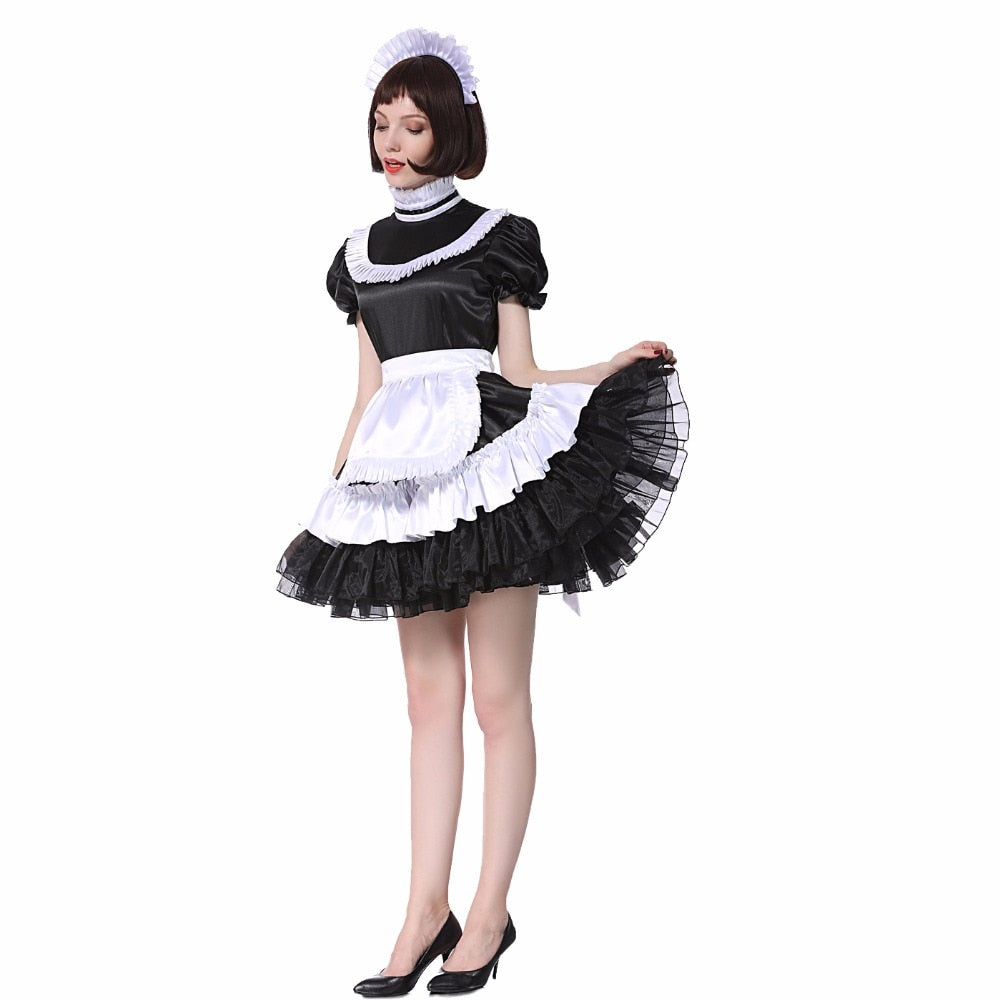 Lockable Black Satin Maid Dress - Sissy Lux