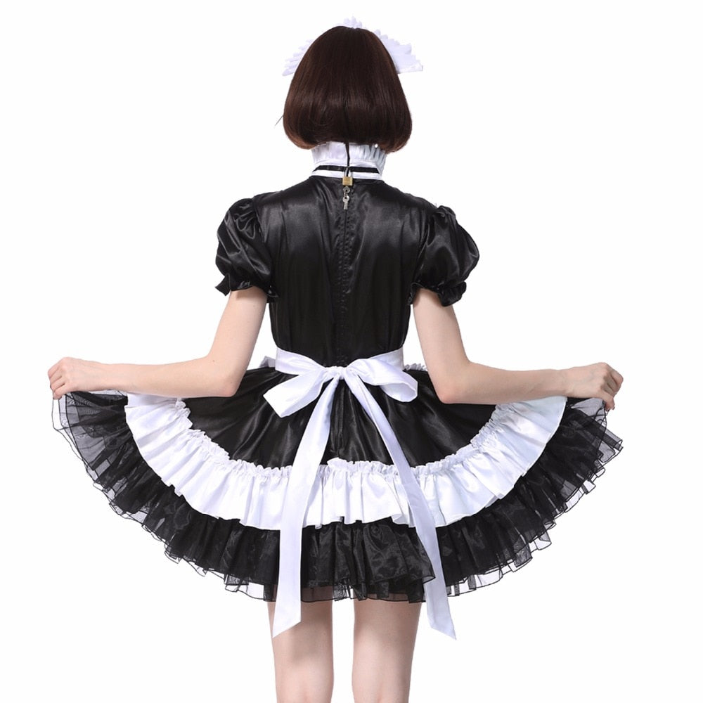 Lockable Black Satin Maid Dress - Sissy Lux