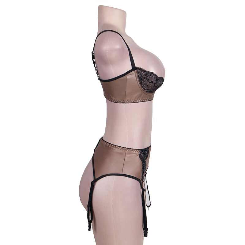 Open Bra Lingerie Set with Garter Belt - Sissy Lux